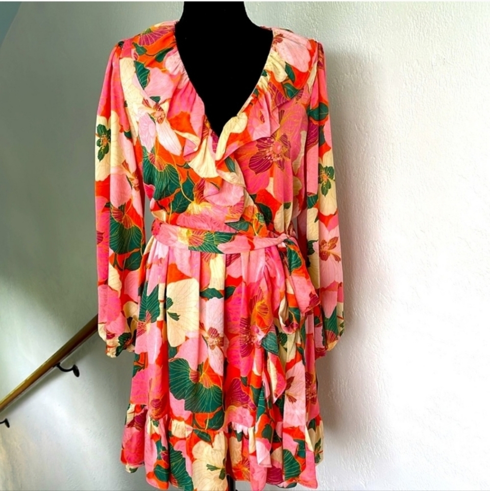 Taylor Pink Floral Ruffle Wrap Mini Dress Long Sleeve Size 10 Tropical Romantic